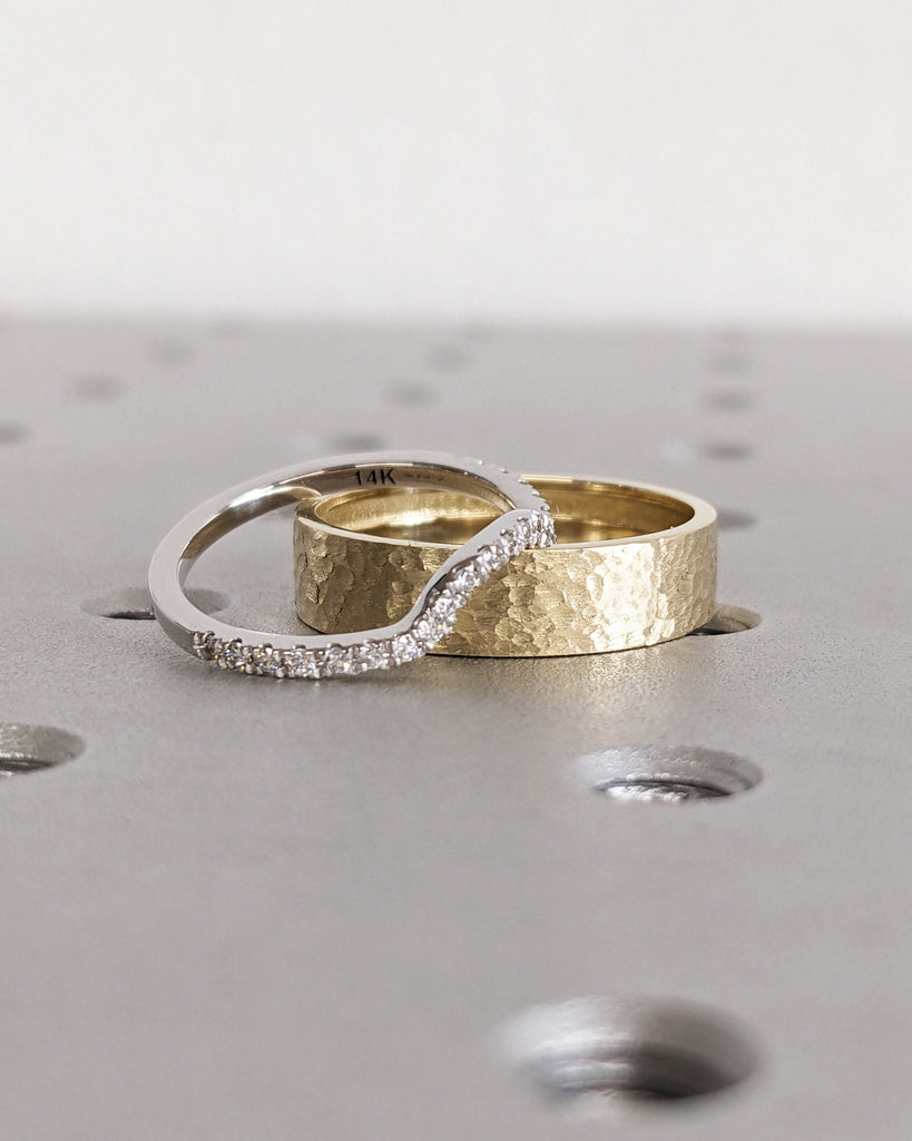 Lab Made Diamond Ring Couples Ring Set- His and Hers Matching Wedding Bands- 14K Gold- Wedding Ring Matching Promise Ring- Hammered- Brushed