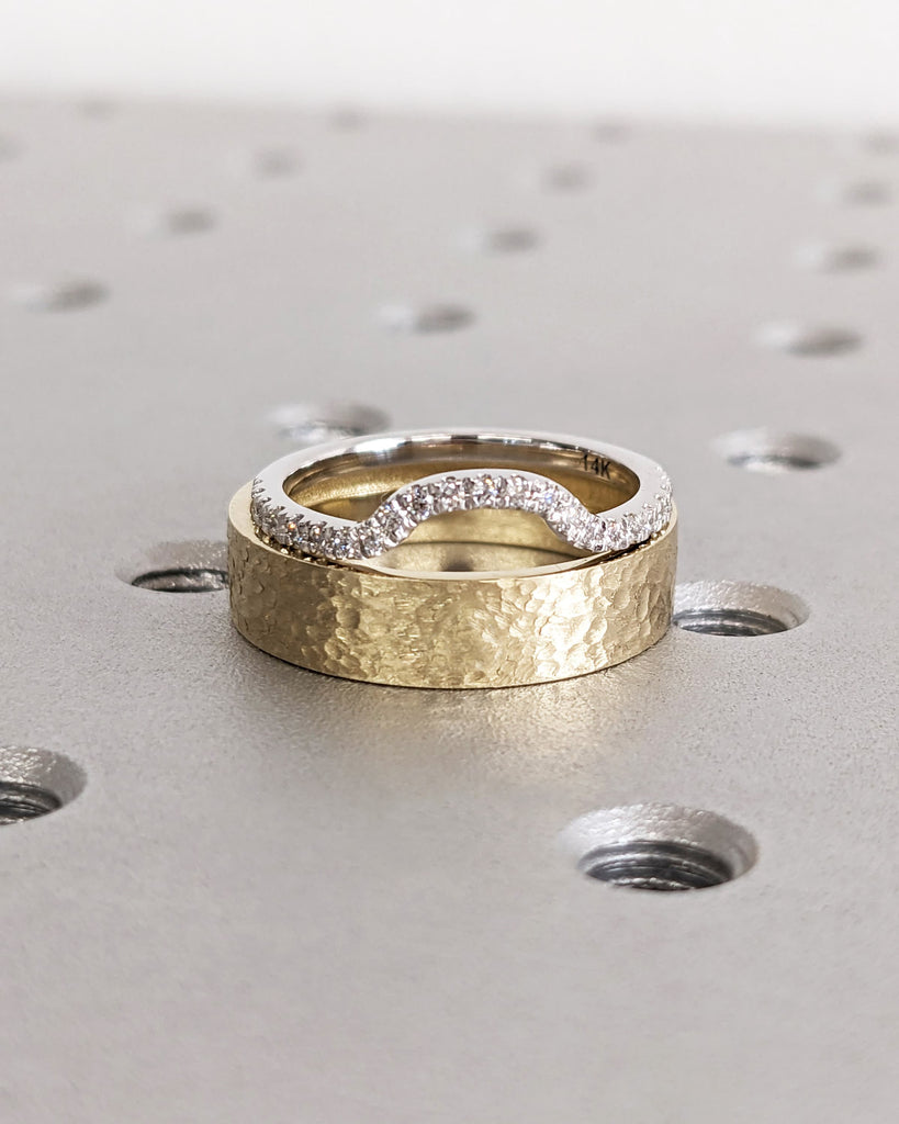 Lab Made Diamond Ring Couples Ring Set- His and Hers Matching Wedding Bands- 14K Gold- Wedding Ring Matching Promise Ring- Hammered- Brushed