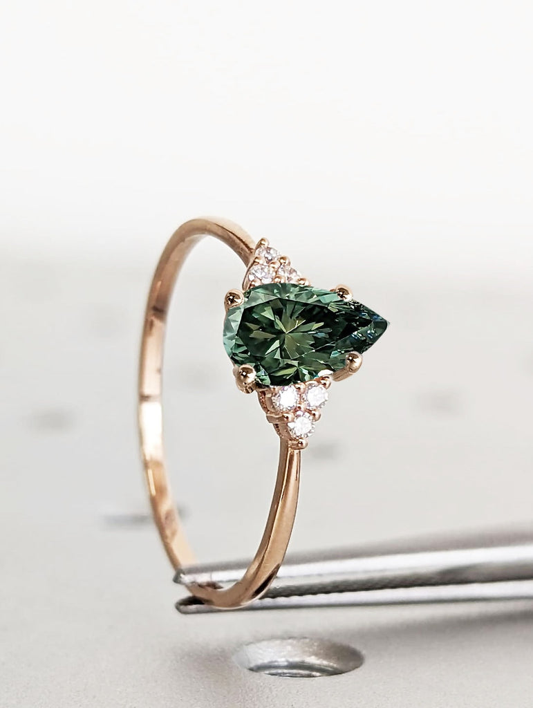 1ct Tear Drop shape Lab Grown Emerald Solitaire Women Engagement Cocktail Ring | 14K Rose Gold Dainty Moissanite Cluster Promise Ring