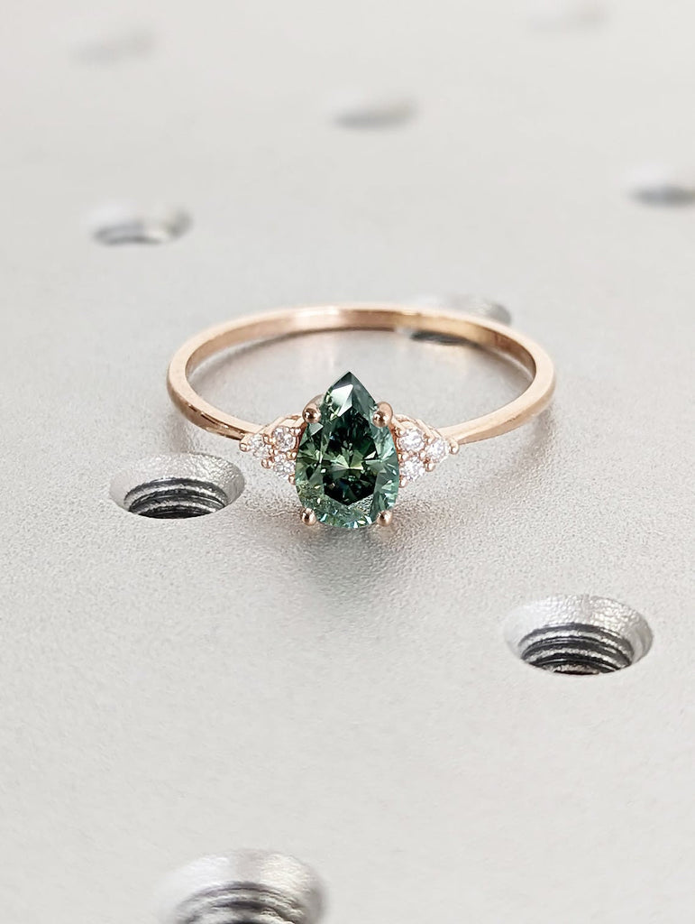 May Birthstone Lab Emerald Anniversary Ring for Her | Solid Rose Gold Platinum Woman Bridal Jewelry | Unique Moissanite Cluster Promise Ring