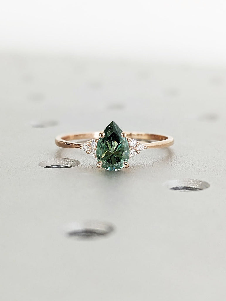Pear cut Lab Emerald Engagement Ring | Green Gemstone May Birthstone Ring | Art Deco Unique Diamond Cluster Ring | Rose Gold Proposal Ring