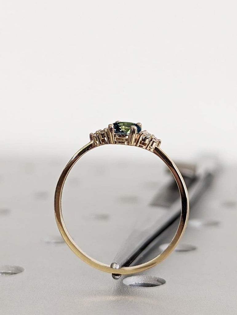 Natural Blue Green Sapphire Wedding Anniversary Ring for Wife | 14K 18K Yellow Gold Art Deco Proposal Ring | Moissanite Cluster Promise Ring