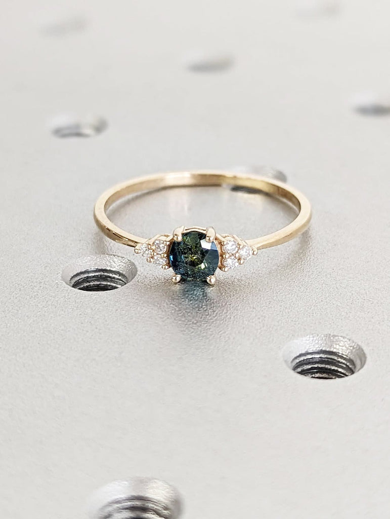 Natural Blue Green Sapphire Wedding Anniversary Ring for Wife | 14K 18K Yellow Gold Art Deco Proposal Ring | Moissanite Cluster Promise Ring