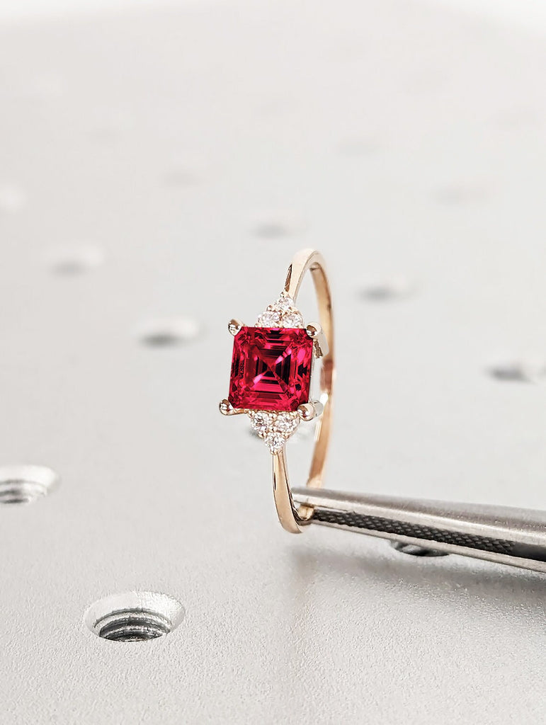 1ct Assher cut Lab Grown Ruby Engagement Cocktail Ring | 14K 18K Solid Gold, Platinum Ruby Bridal Jewelry | Art Deco Diamond Cluster Proposal Ring for Her