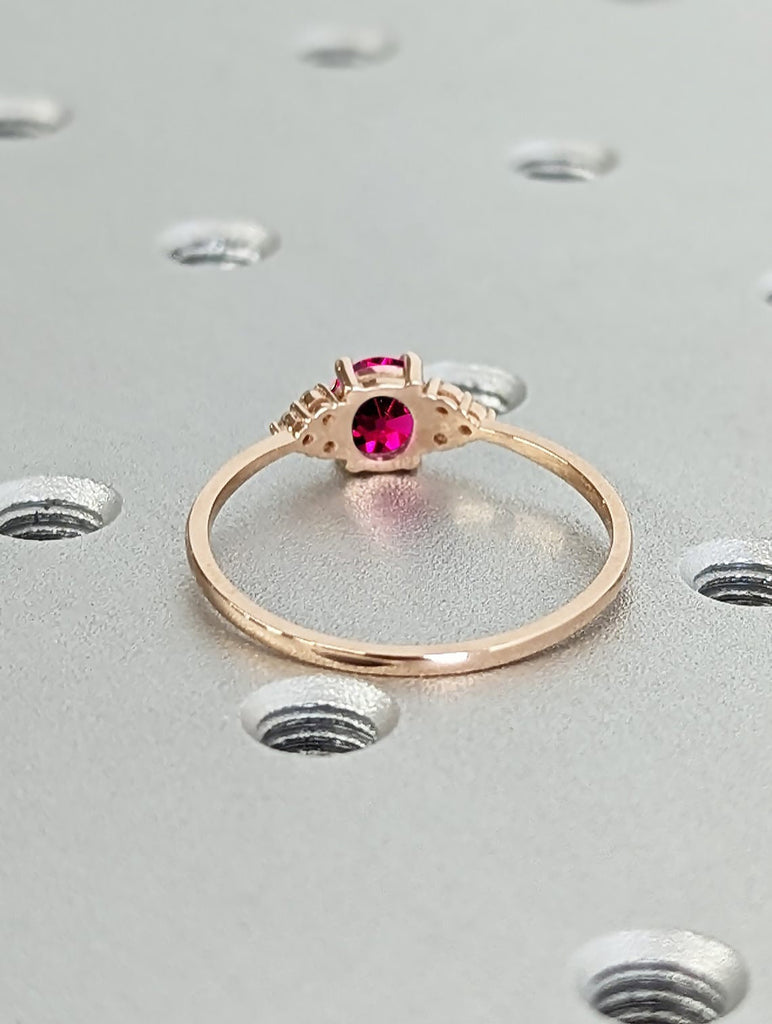 Round Red Ruby Engagement Cocktail Ring for Her | Lab Ruby Ring in 14K Rose Gold | Diamond Cluster Proposal Ring | Wedding Anniversary Gift