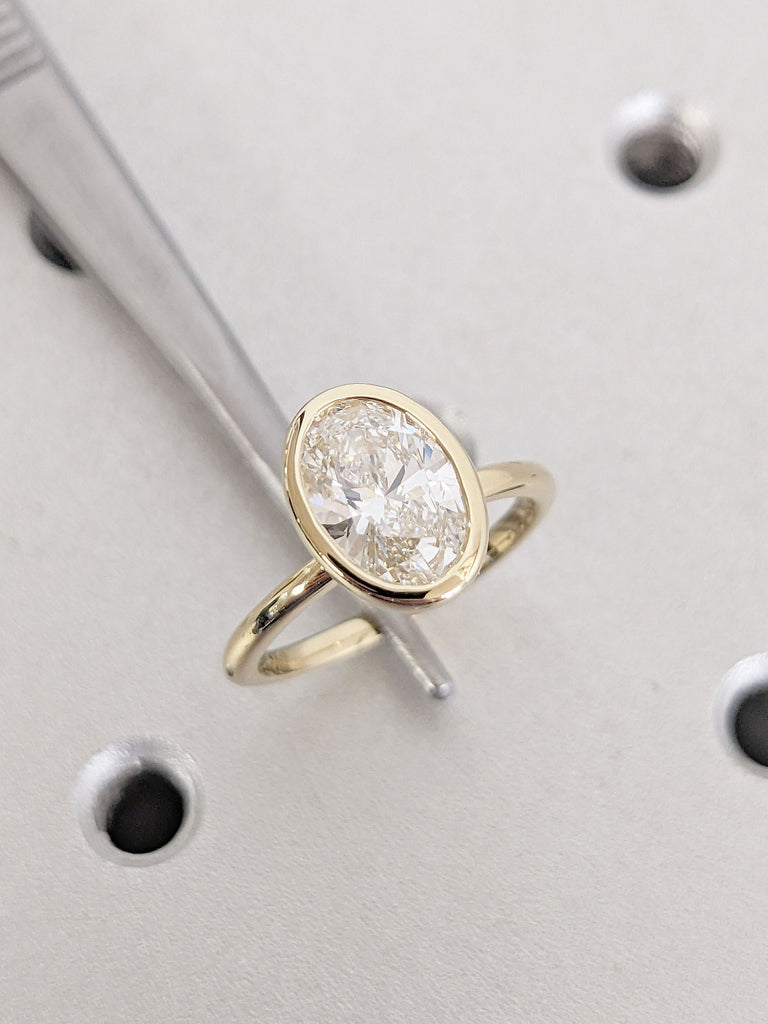 1.5 Carat Oval Bezel Solitaire Ring | Brilliant Cut Lab Diamond Engagement Ring | Dainty Proposal Ring Solitaire Bezel Ring Vintage Bridal