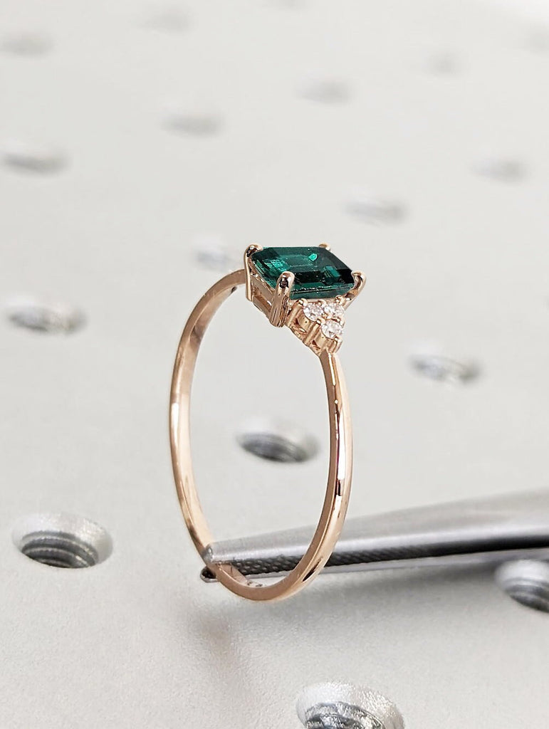 Green Lab Emerald Engagement Ring | Emerald cut May Birthstone Ring | Art Deco Unique Multi Stone Diamond Ring | Rose Gold Promise Ring