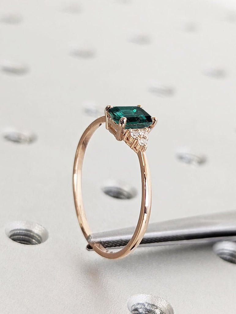 Green Lab Emerald Engagement Ring | Emerald cut May Birthstone Ring | Art Deco Unique Multi Stone Diamond Ring | Rose Gold Promise Ring image #4