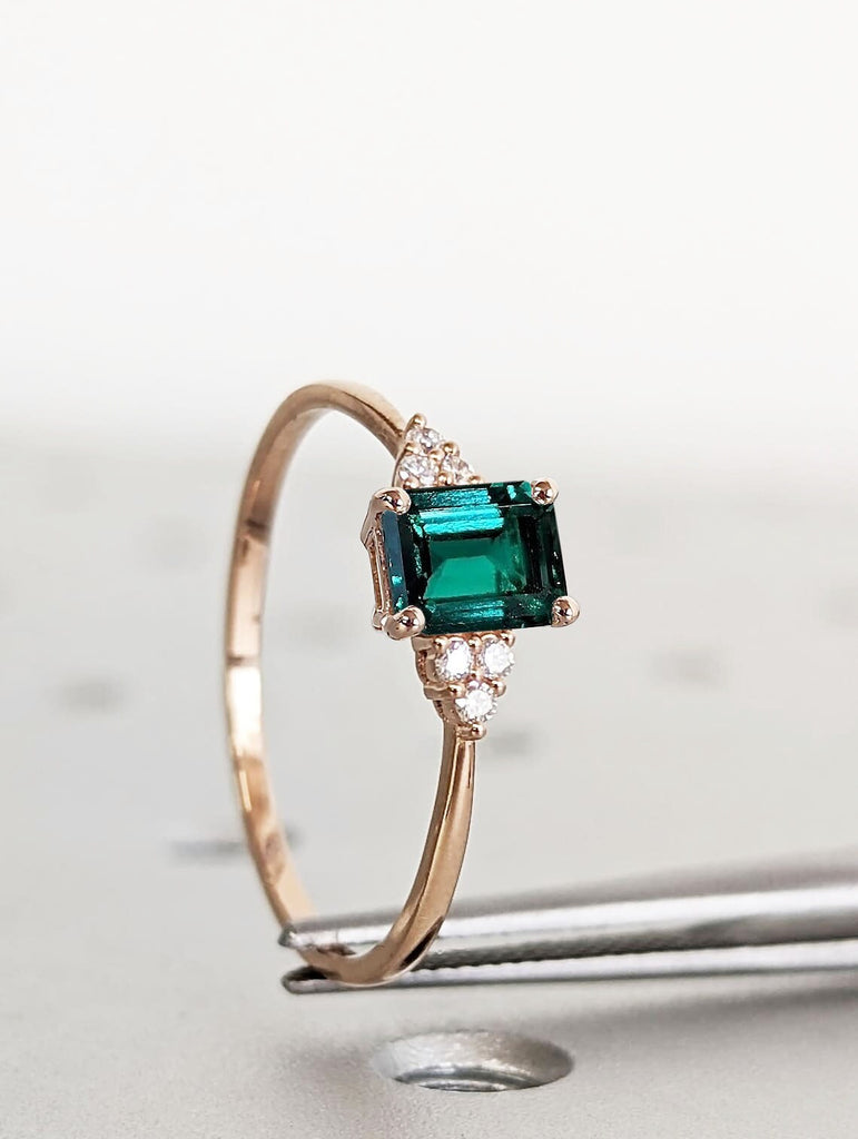 Green Lab Emerald Engagement Ring | Emerald cut May Birthstone Ring | Art Deco Unique Multi Stone Diamond Ring | Rose Gold Promise Ring image #3