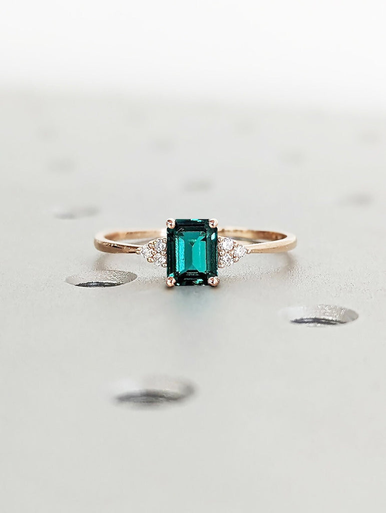 1ct Emerald cut Lab Grown Emerald Solitaire Proposal Ring | Diamond Moissanite Cluster Promise Ring | Dainty Rose Gold Wedding Ring for Her