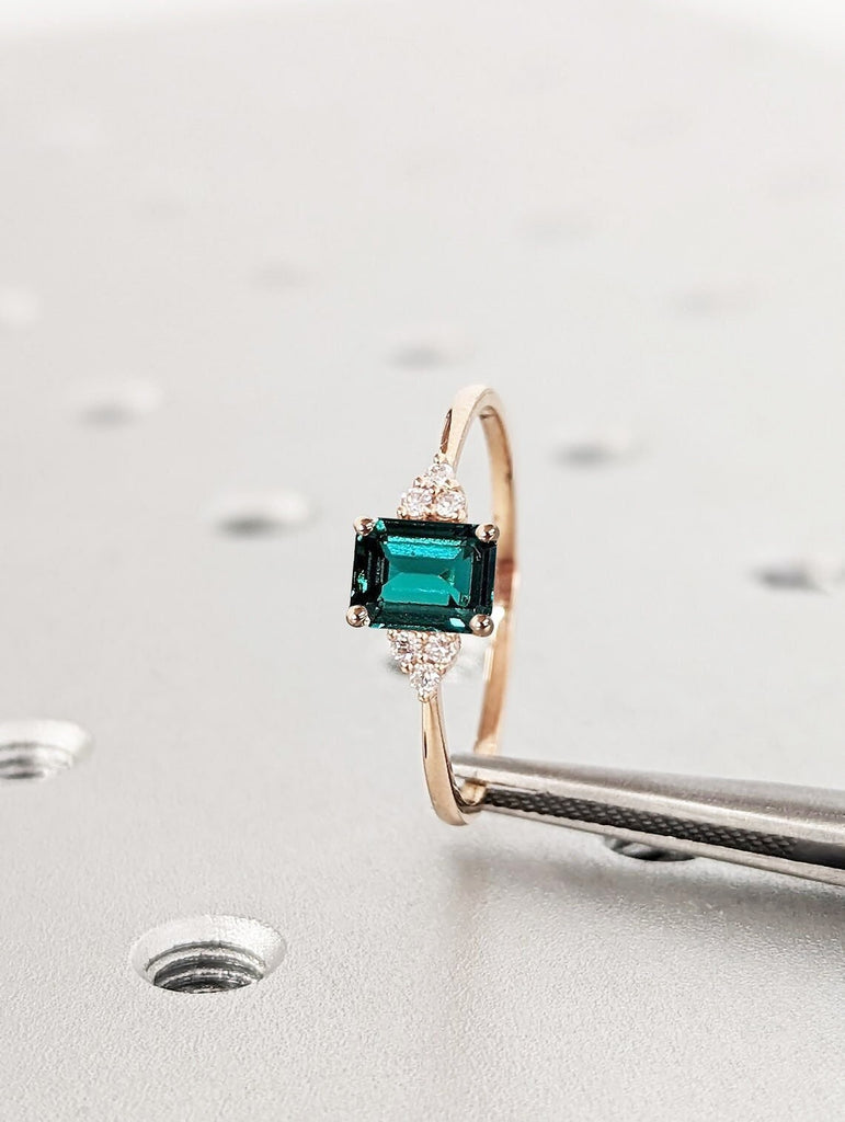 Green Lab Emerald Engagement Ring | Emerald cut Emerald May Birthstone Ring | Art Deco Unique Multi Stone Diamond Ring | Rose Gold Promise Ring