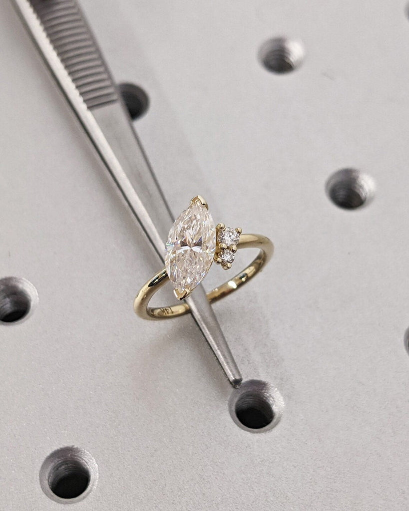 Asymmetrical Marquise Engagement Ring, Marquise Moissanite Engagement Ring, Cluster Wedding Ring, Trellis Anniversary Ring, 14K Solid Gold