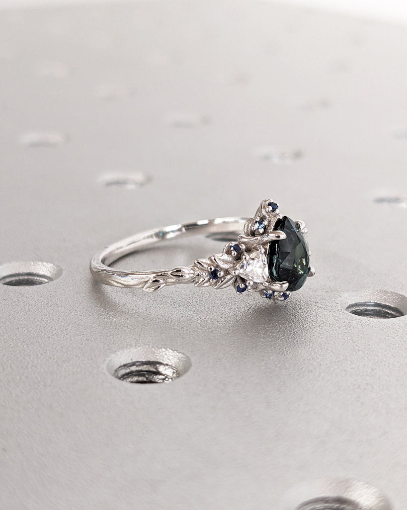 1CT Whimsical Blue Green Sapphire Engagement Ring | Briar Rose White Gold Ring | Fantasy Moissanite Diamond Ring Enchanted Floral Butterfly