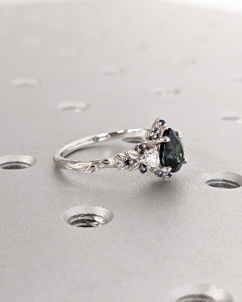 Briar Rose Three Stone Ring | Peacock Sapphire Ring | Oval Leaf Ring | 14K Sapphire Unique Engagement | Nature Ring | Ethereal Engagement