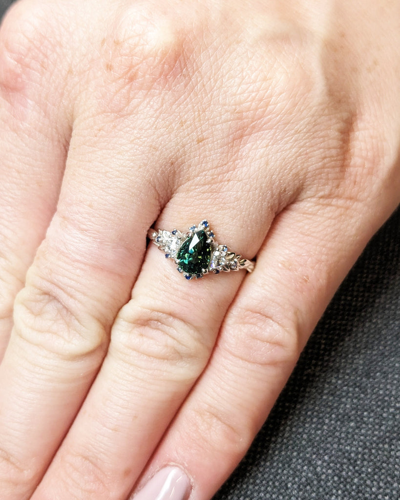 Briar Rose Three Stone Ring | Peacock Sapphire Ring | Oval Leaf Ring | 14K Sapphire Unique Engagement | Nature Ring | Ethereal Engagement