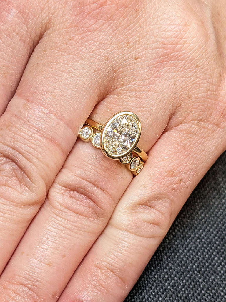 14K Yellow Gold VVS Moissanite Solitaire Ring | Oval cut Engagement Ring | Bezel Setting Statement Ring | Gift For Her, Vintage Bridal Set