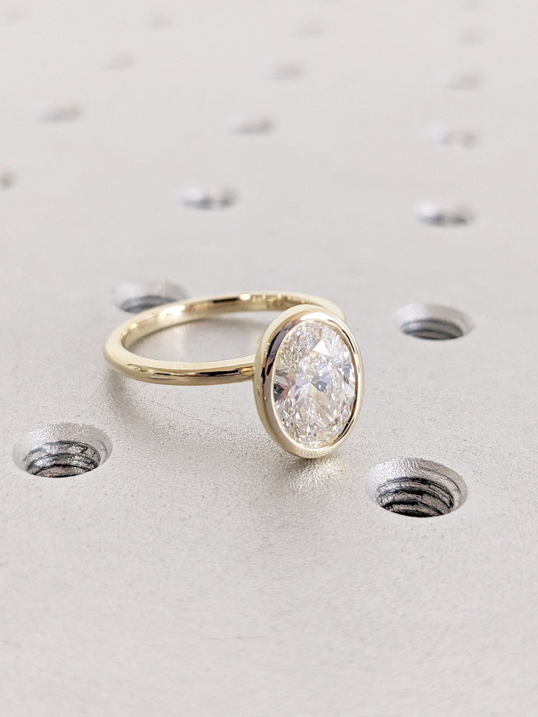 1.5CT Oval Cut Moissanite Solitaire Ring | 14K Yellow Gold Bezel Setting Engagement Ring | Statement Ring | Gift For Her, Vintage Bridal Set