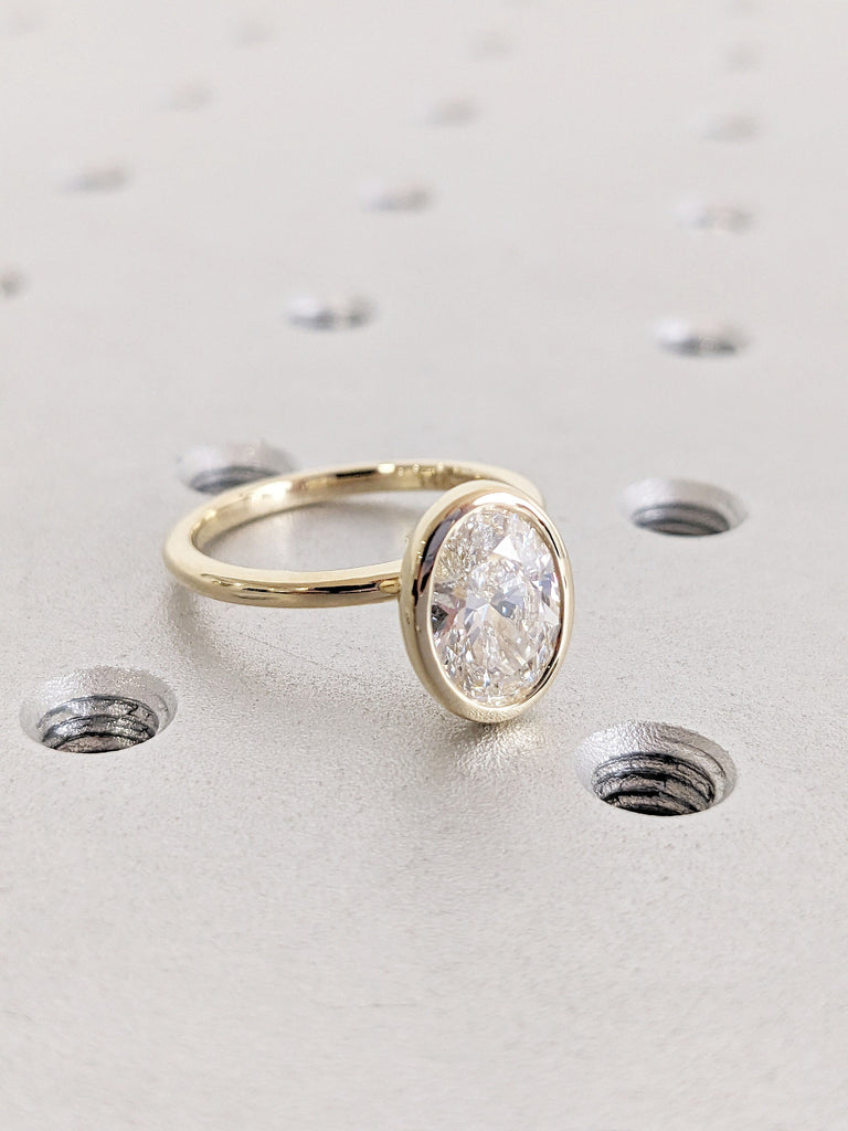 Oval Cut Moissanite Solitaire Ring | 14K Yellow Gold Engagement Ring | Bezel Setting Statement Ring | Simple Vintage Bridal Set Gift For Her