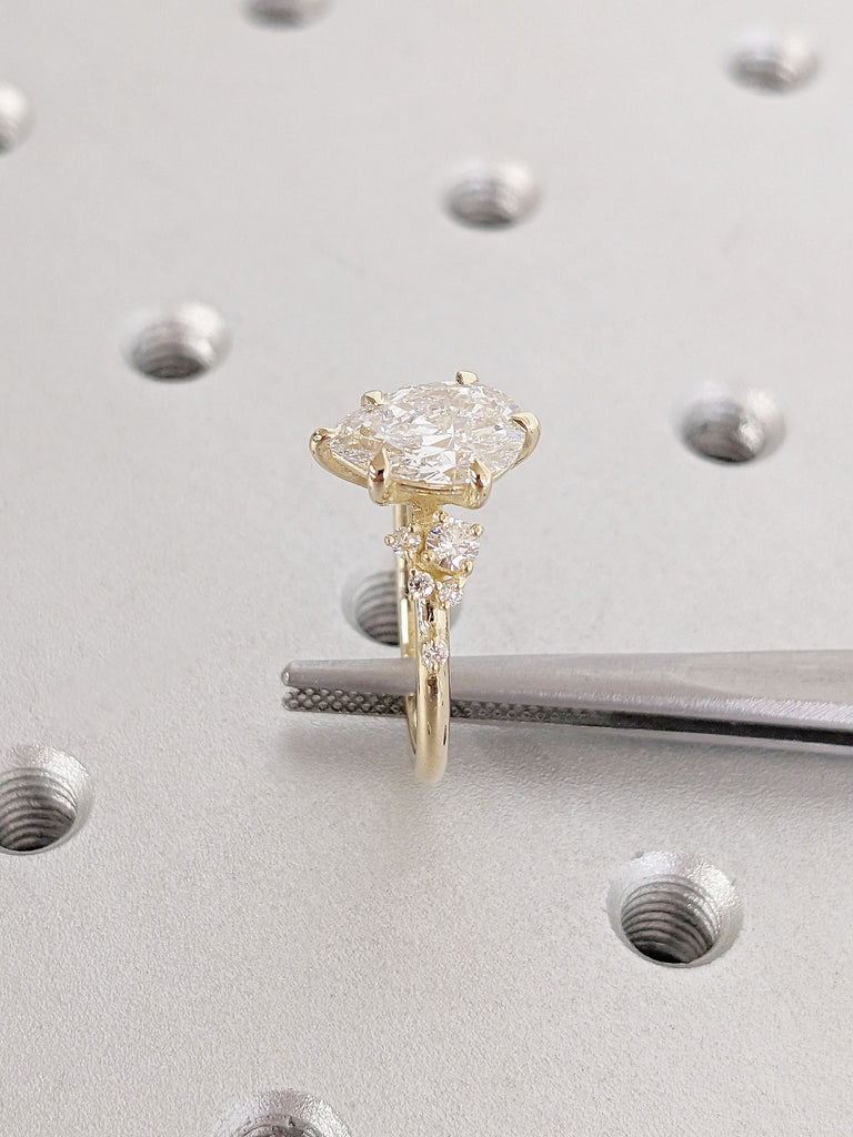 1, 1.5CT Pear Lab Grown Diamond 14K Yellow Gold Engagement Ring | Unique Snowdrift 6 Prong Diamond Cluster Promise Ring Wedding Ring for Her