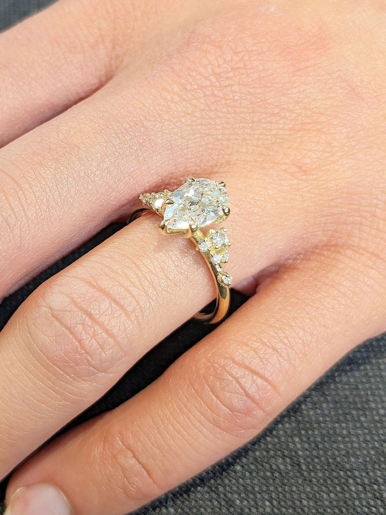 1, 1.5CT Pear Lab Grown Diamond 14K Yellow Gold Engagement Ring | Unique Snowdrift 6 Prong Diamond Cluster Promise Ring Wedding Ring for Her