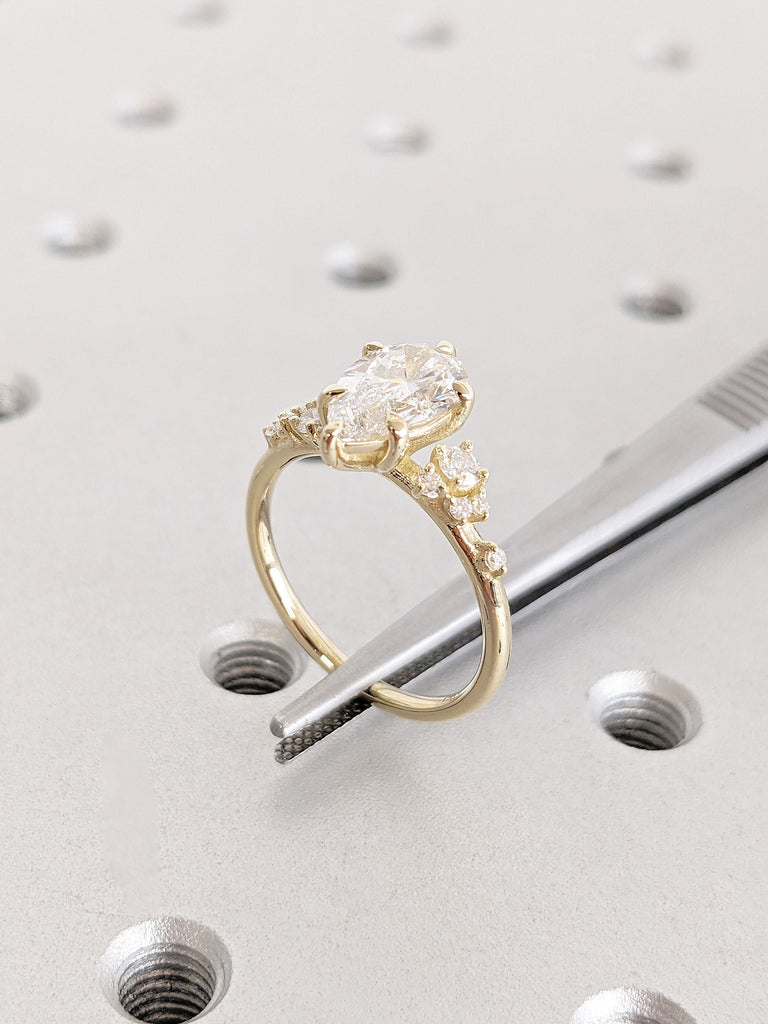 1, 1.5CT Pear Lab Grown Diamond 14K Yellow Gold Engagement Ring | Unique Snowdrift 6 Prong Diamond Cluster Promise Ring Wedding Ring for Her