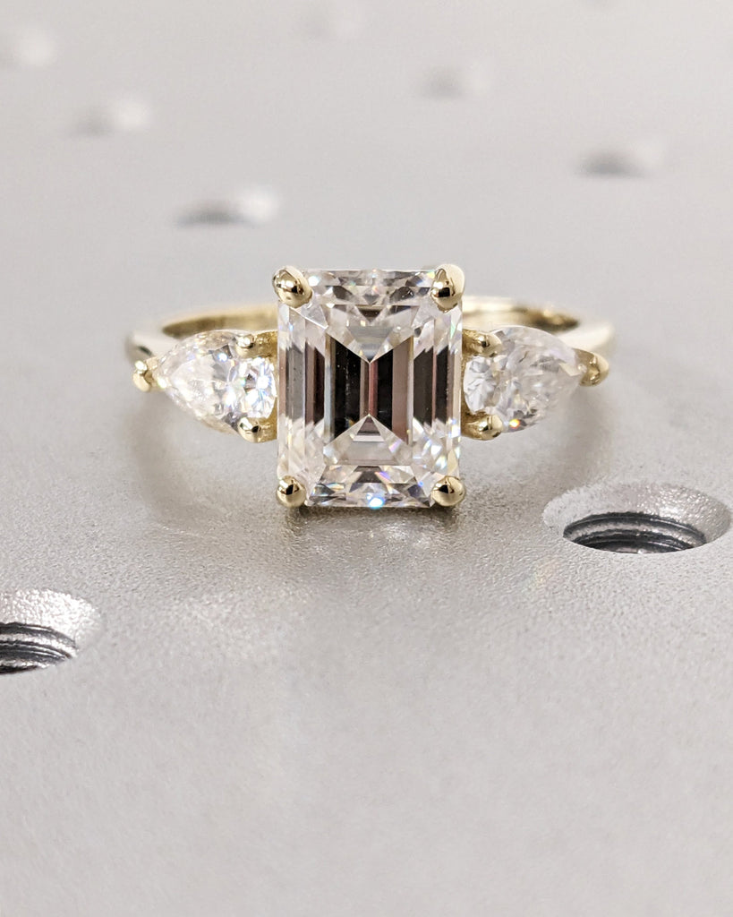 Three Stone Emerald Cut Moissanite Engagement Ring, Side Pear Moissanite, Three Stone Engagement Ring, Emerald Cut and Pear Cut, Lab Diamond