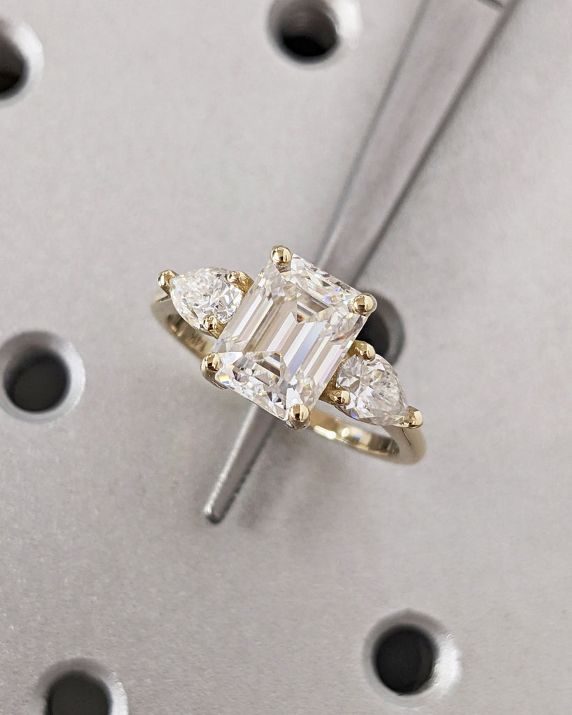 Three Stone Emerald Cut Moissanite Engagement Ring, Side Pear Moissanite, Three Stone Engagement Ring, Emerald Cut and Pear Cut, Lab Diamond