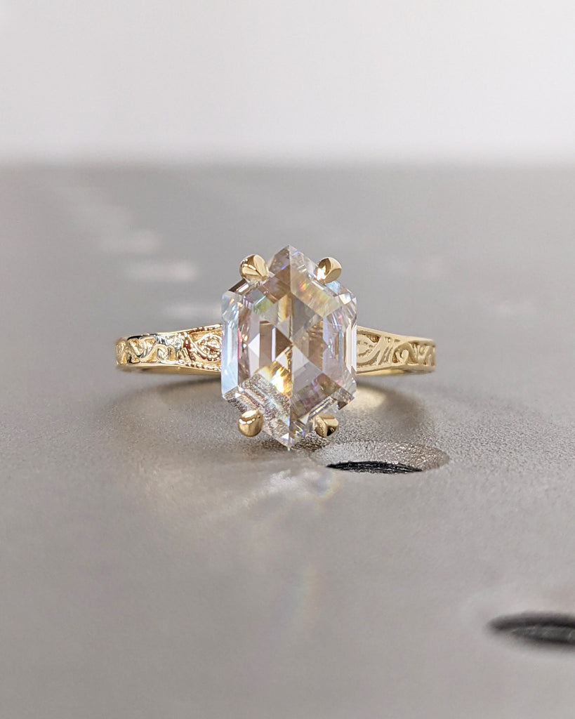 Hexagon Cut Moissanite Solitaire Vintage Inspired Engagement Ring | 18K Yellow Gold Filigree Engraving Wedding Band | Unique Gift for Her