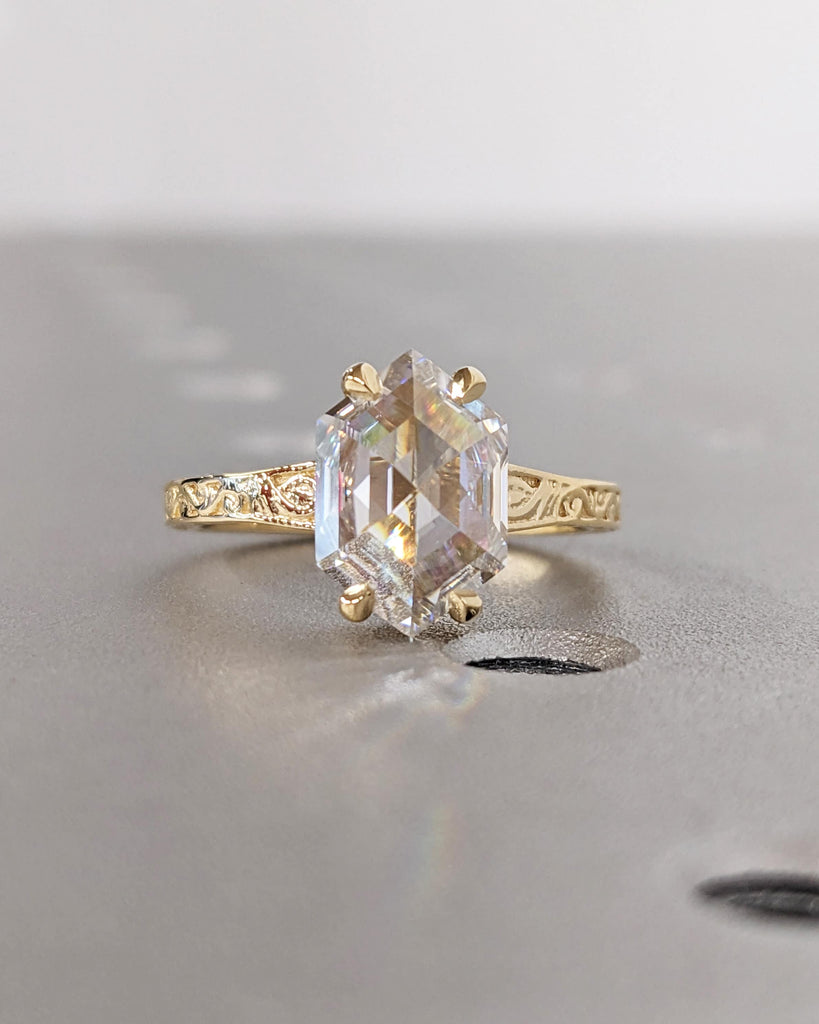 Hexagon Cut Moissanite Solitaire Vintage Inspired Engagement Ring | 18K Yellow Gold Filigree Engraving Wedding Band | Unique Gift for Her