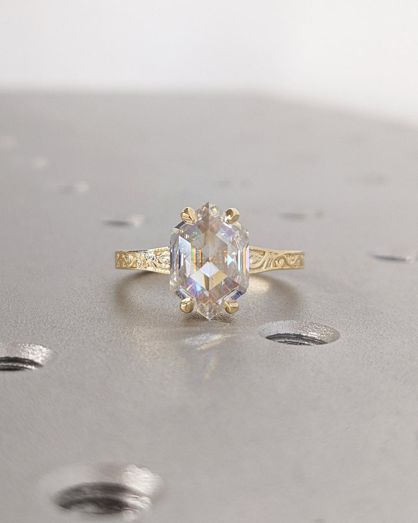 Hexagon Cut Moissanite Solitaire Vintage Inspired Engagement Ring | 18K Yellow Gold Filigree Engraving Wedding Band | Unique Gift for Her