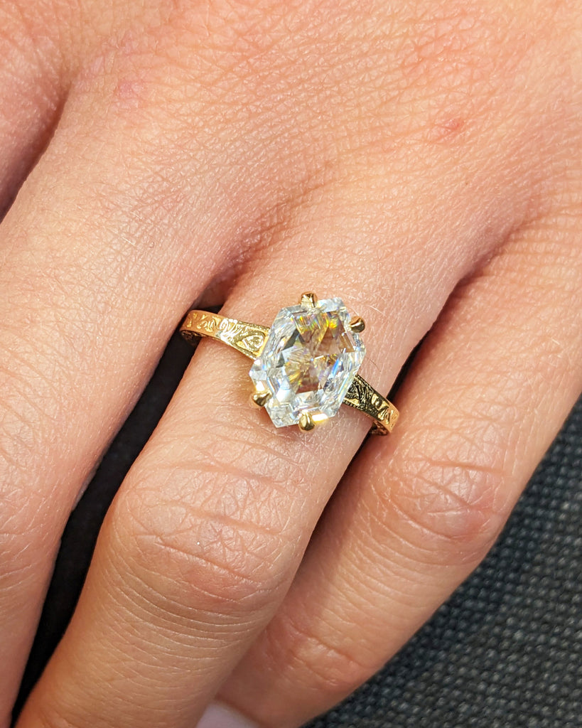 Hexagon Cut Moissanite Solitaire Vintage Inspired Engagement Ring | 18K Yellow Gold Filigree Engraving Wedding Band | Unique Gift for Her