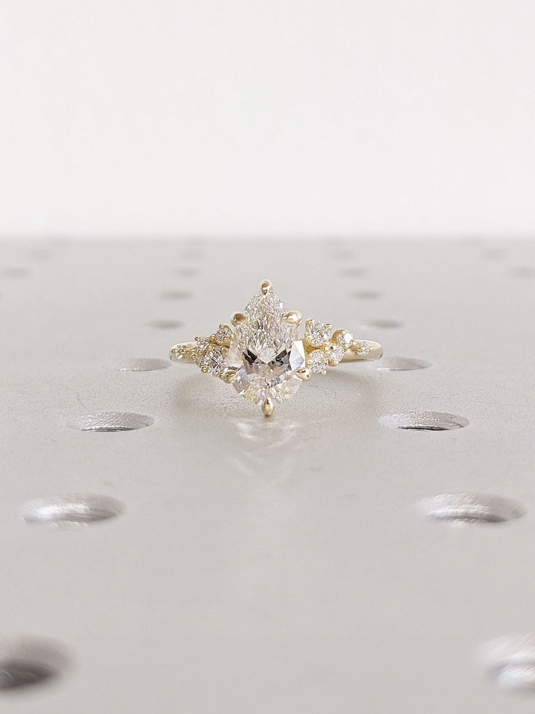 1, 1.5, 2CT Pear cut Lab Grown Diamond 14K Yellow Gold Engagement Ring | Unique Snowdrift 6 Prong Diamond Cluster Promise Ring | Wedding Ring for Her