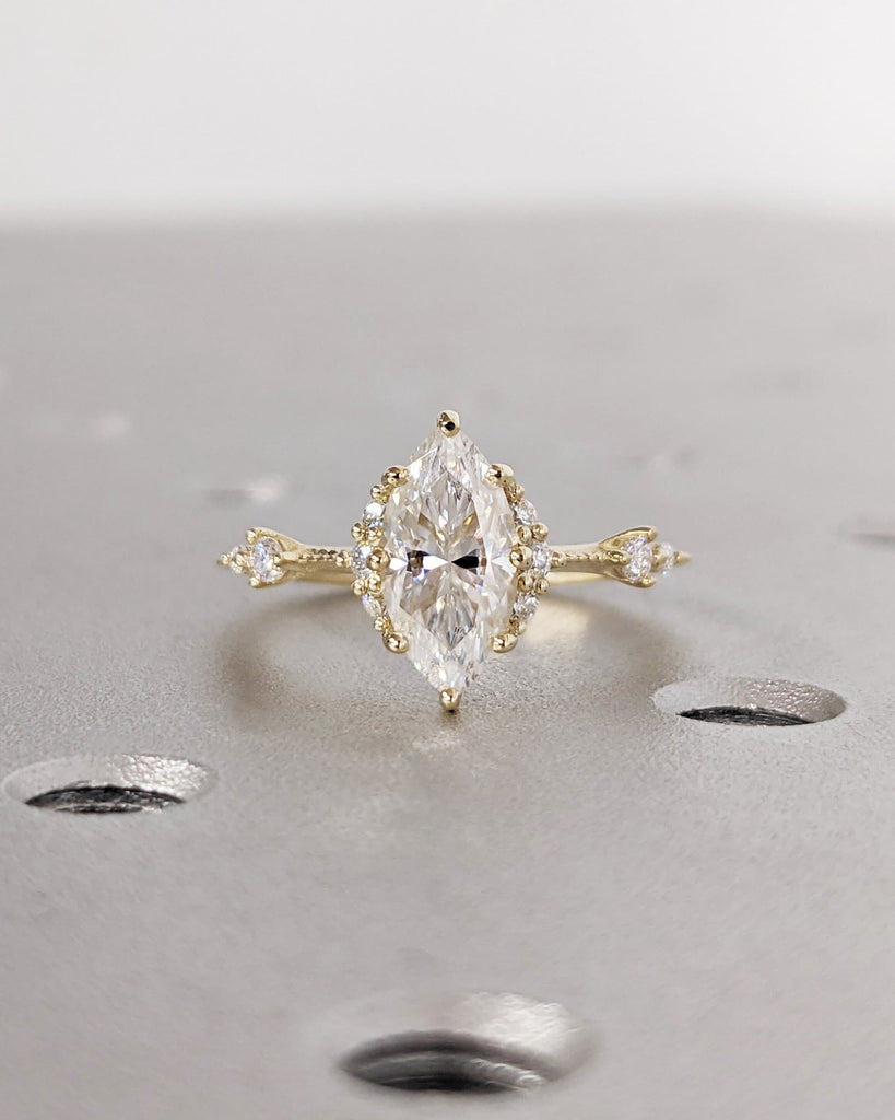 Vintage Marquise Moissanite Ring, Marquise Solitaire Engagement Ring, 14K Dainty Cluster Ring, Wedding Anniversary Gift, Unique Promise Ring