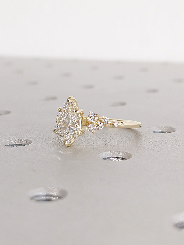 1, 1.5CT Pear cut Moissanite 14K 18K Solid Gold Engagement Ring | Unique Snowdrift 6 Prong Diamond Cluster Promise Ring Wedding Ring for Her