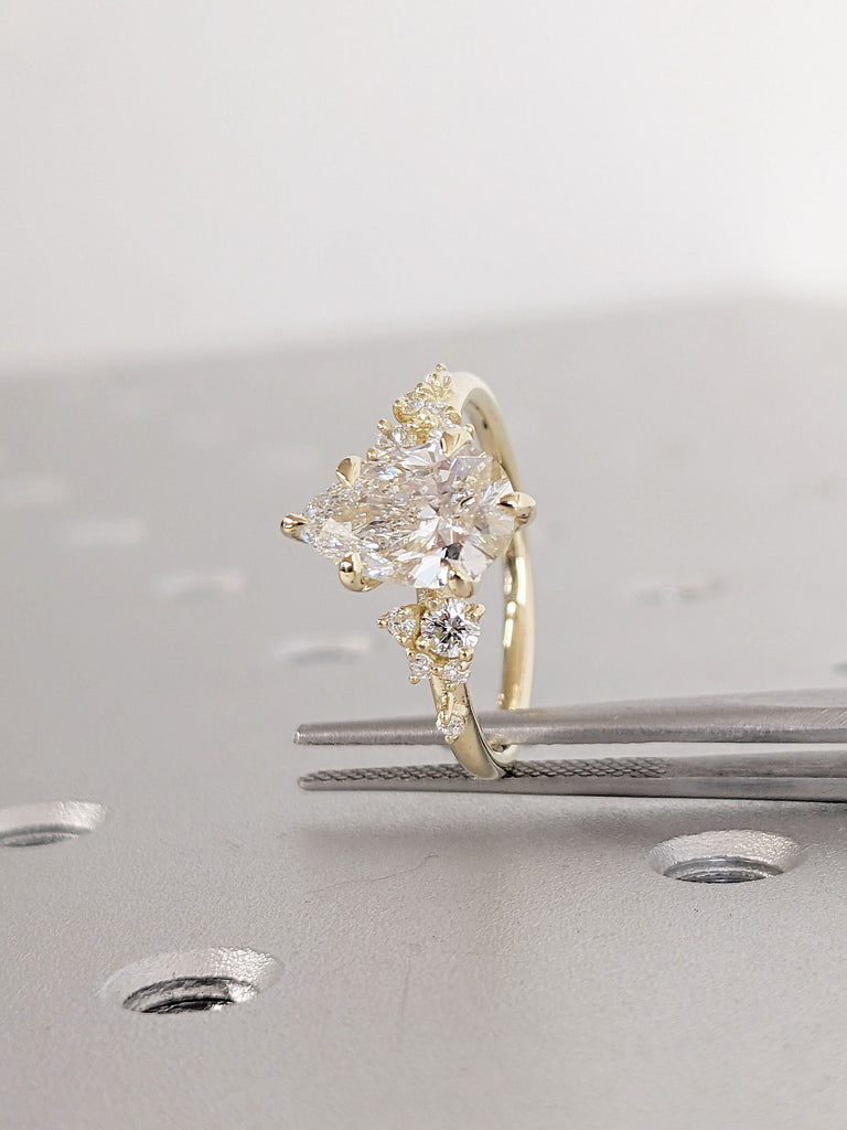 1, 1.5CT Pear cut Moissanite 14K 18K Solid Gold Engagement Ring | Unique Snowdrift 6 Prong Diamond Cluster Promise Ring Wedding Ring for Her