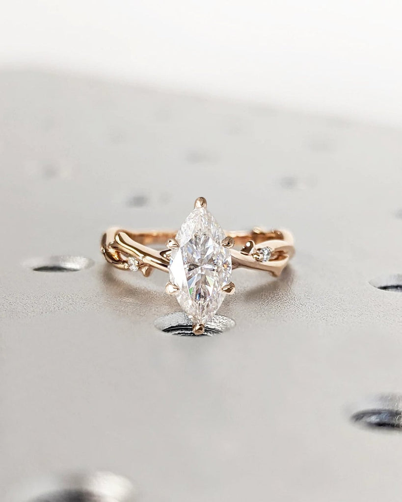 Twig Engagement Ring, Marquise Cut Moissanite Diamond Simulant, Nature Ring Set, 14K/18K Gold, 6 Prong, Rose Gold Ring, Unique Promise Ring