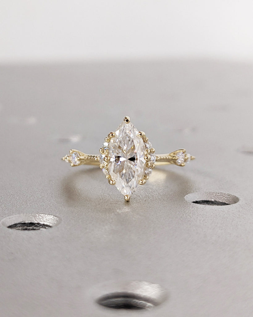 Vintage Marquise Lab Grown Diamond Engagement Ring | 1ct Art Deco Starburst Floral Unique Promise Ring | 14k 18k Gold Solitaire Diamond Ring