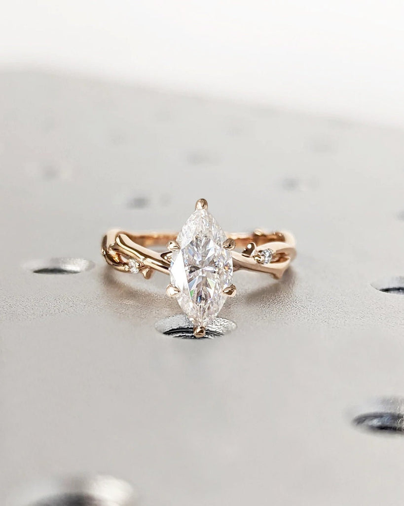 Twig Engagement Ring, Marquise Lab Diamond, Nature Ring Set, 14K/18K Gold, 6 Prong, Rose Gold Ring, Marquise Ring, Bride Dainty Diamond Ring