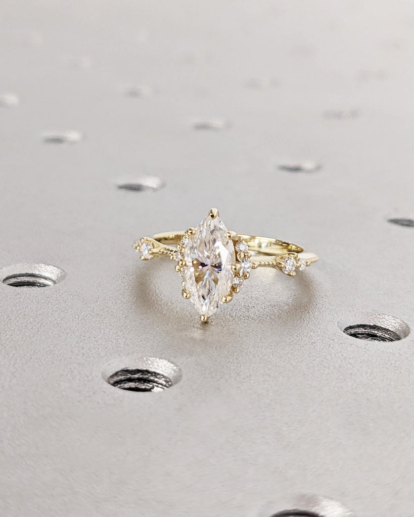 Vintage Marquise Shaped Moissanite Ring / Marquise Cut Engagement Ring / Solitaire Marquise Ring / Dainty Cluster Ring / Unique Promise Ring