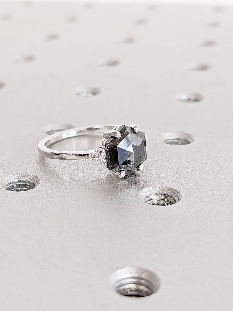 2CT Natural Grey Diamond Engagement Ring | Hexagon cut Salt and Pepper Diamond Wedding Ring for Her | 14K White Gold Unique Promise Ring