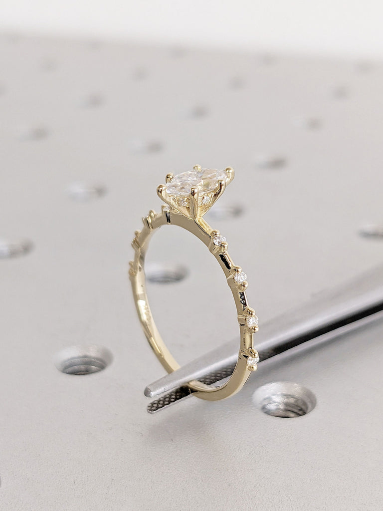 Solid Gold Hidden Halo Dainty Cute Promise Ring | Knife-Edge Band | Marquise Moissanite Ring