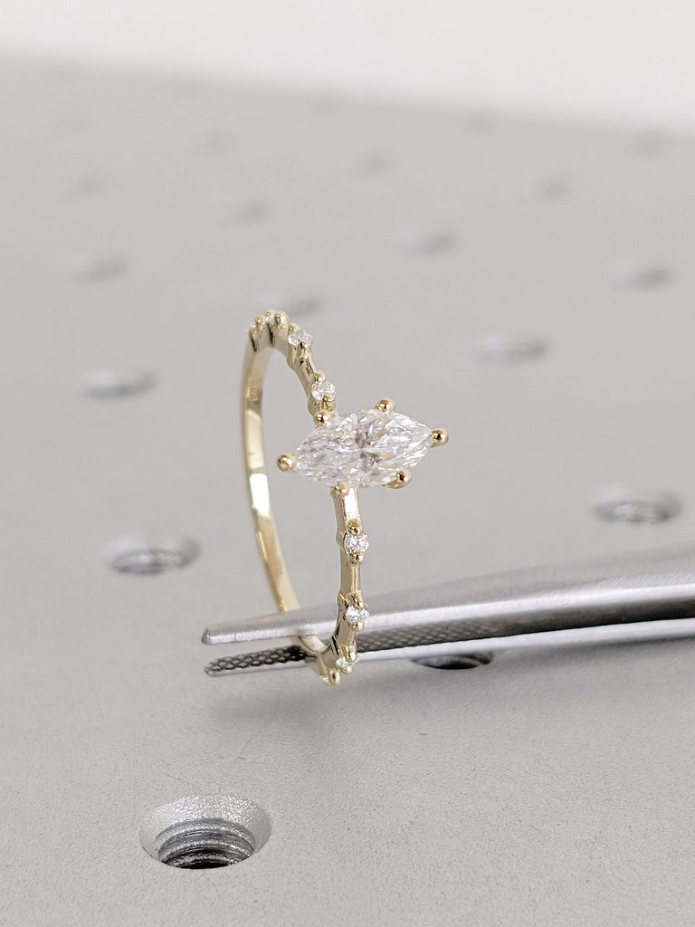 Marquise Lab Diamond Solitaire Engagement Ring | Yellow Gold Moissanite Hidden Halo Cute Promise Ring | Commitment Rings | Knife-Edge Band