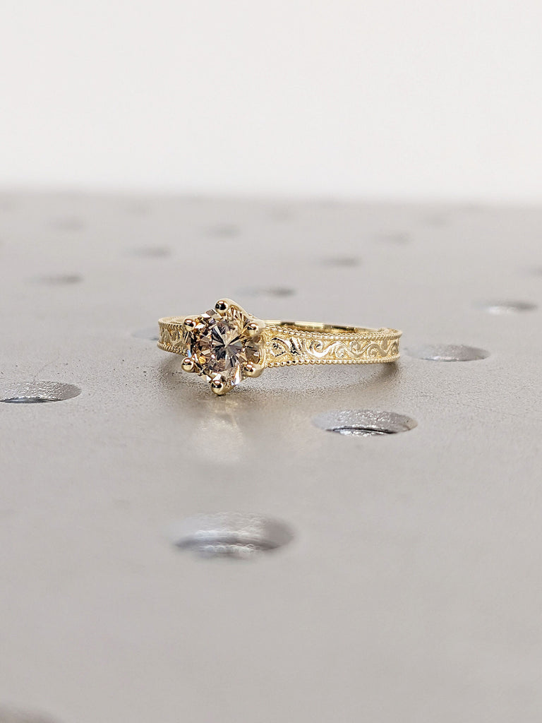 Champagne Diamond Vintage Engagement Ring | 18K Yellow Gold Diamond Ring | Solitaire Ring | Alternative Engagement Ring | Filigree Ring