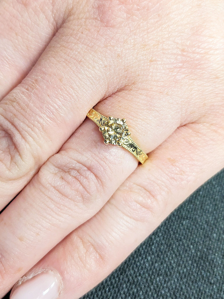 Champagne Diamond Vintage Engagement Ring | 18K Yellow Gold Diamond Ring | Solitaire Ring | Alternative Engagement Ring | Filigree Ring