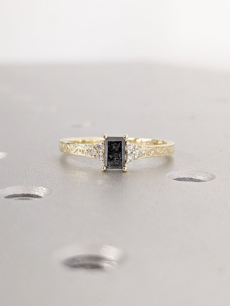 Baguette cut Natural Salt and Pepper Grey Diamond Engagement Ring | 14K Yellow Gold Diamond Cluster Promise Ring | Art Deco Vintage Ring