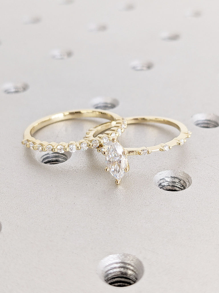 0.5ct Marquise Moissanite Engagement Anniversary Ring Set | Floating Diamond Ring | Stacking Half Eternity Diamond Wedding Ring | Hidden Halo Ring