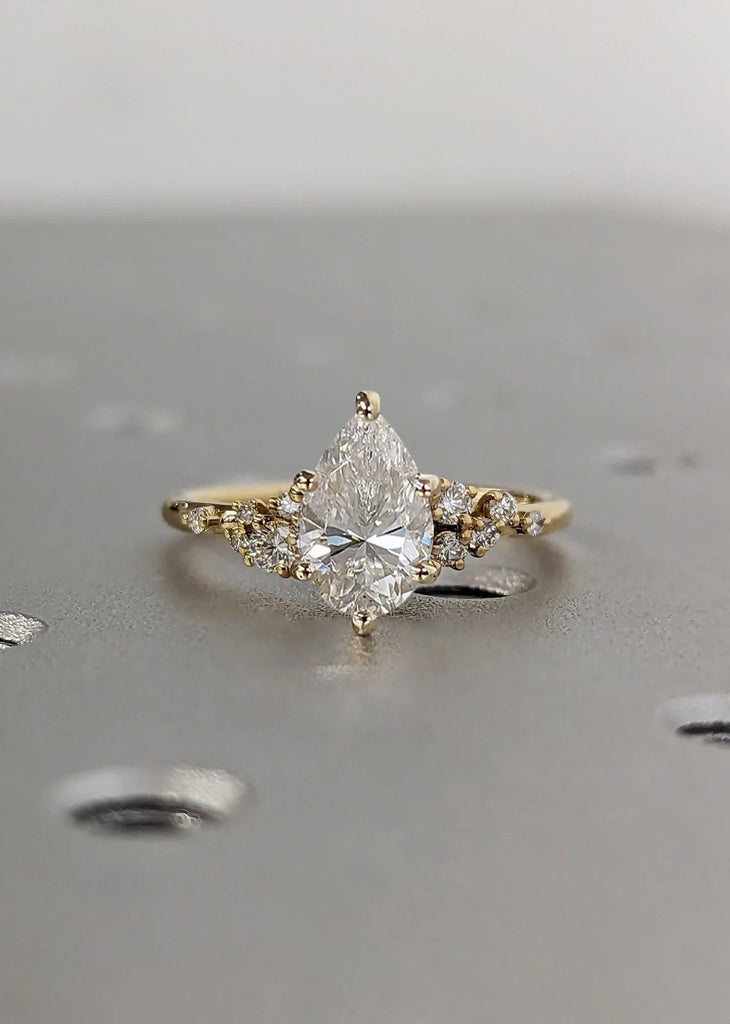 1ct Pear cut Moissanite 18K Yellow Gold Engagement Ring | Unique Snowdrift 6 Prong Diamond Cluster Promise Ring | Wedding Ring for Her