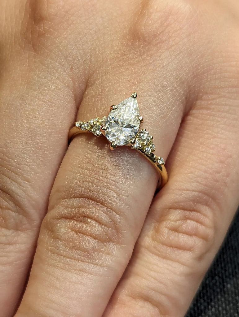 1ct Pear cut Moissanite 18K Yellow Gold Engagement Ring | Unique Snowdrift 6 Prong Diamond Cluster Promise Ring | Wedding Ring for Her