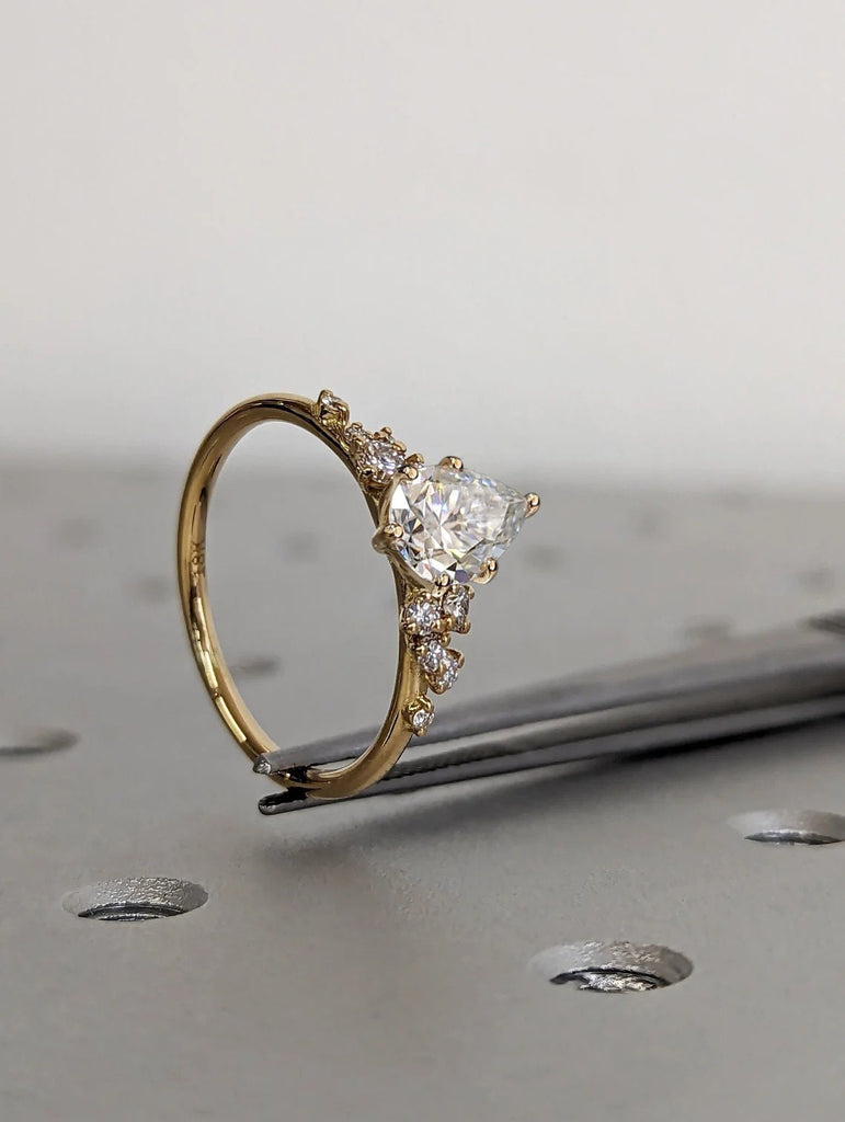 1ct Pear cut Moissanite 18K Yellow Gold Engagement Ring | Unique Snowdrift 6 Prong Diamond Cluster Promise Ring | Wedding Ring for Her