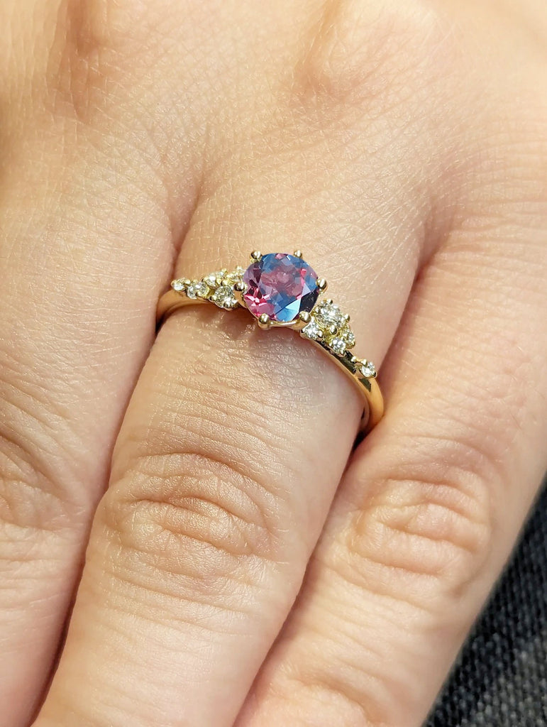 1, 1.5, 2CT Lab Alexandrite Art Deco Engagement Ring | Solid Gold Snowdrift Moissanite Cluster Unique Proposal Ring for Her | Art Deco Blue Purple Gemstone Ring